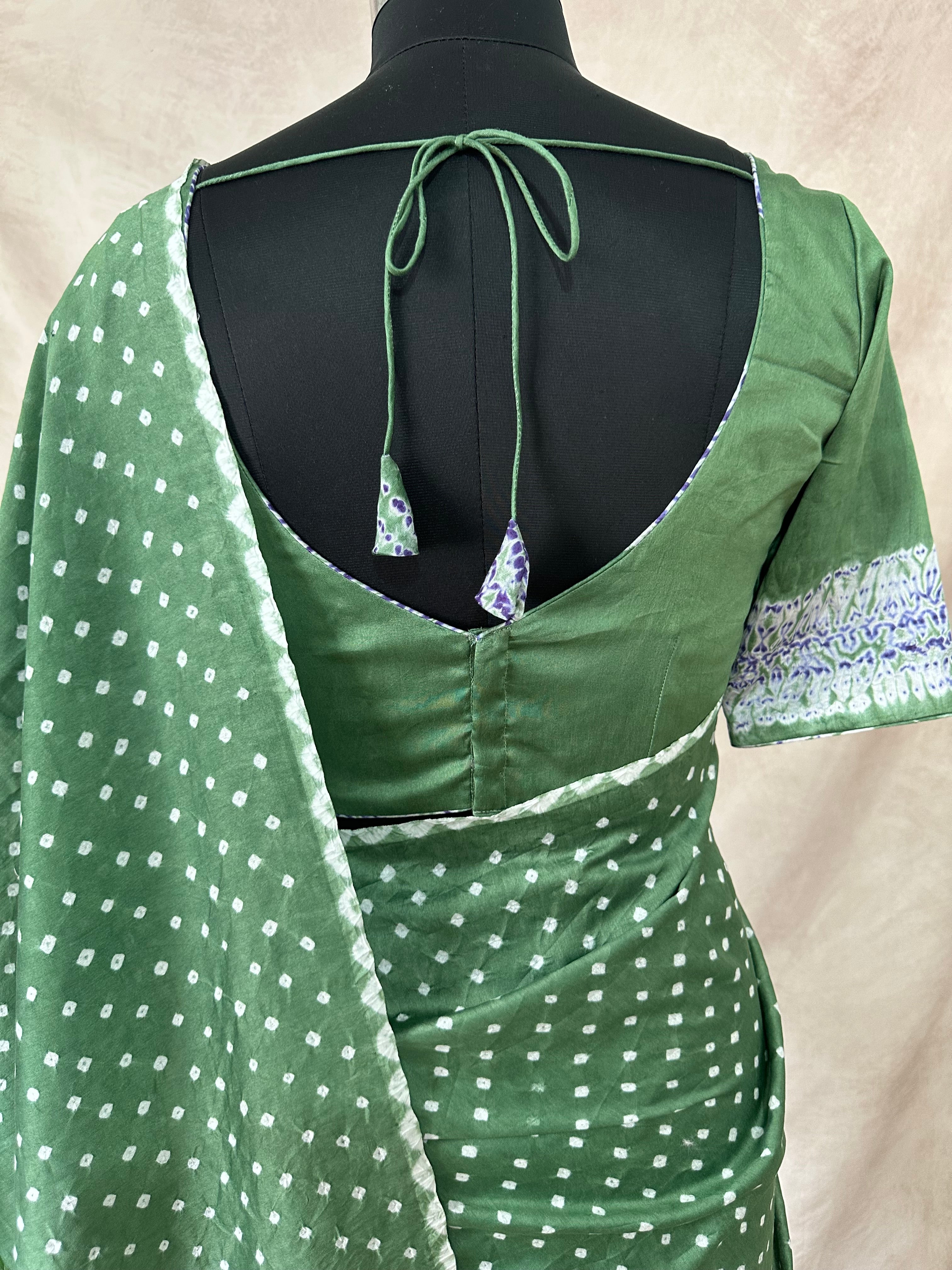 Pure chanderi silk saree with Bandhini and shibori work, stitched blouse