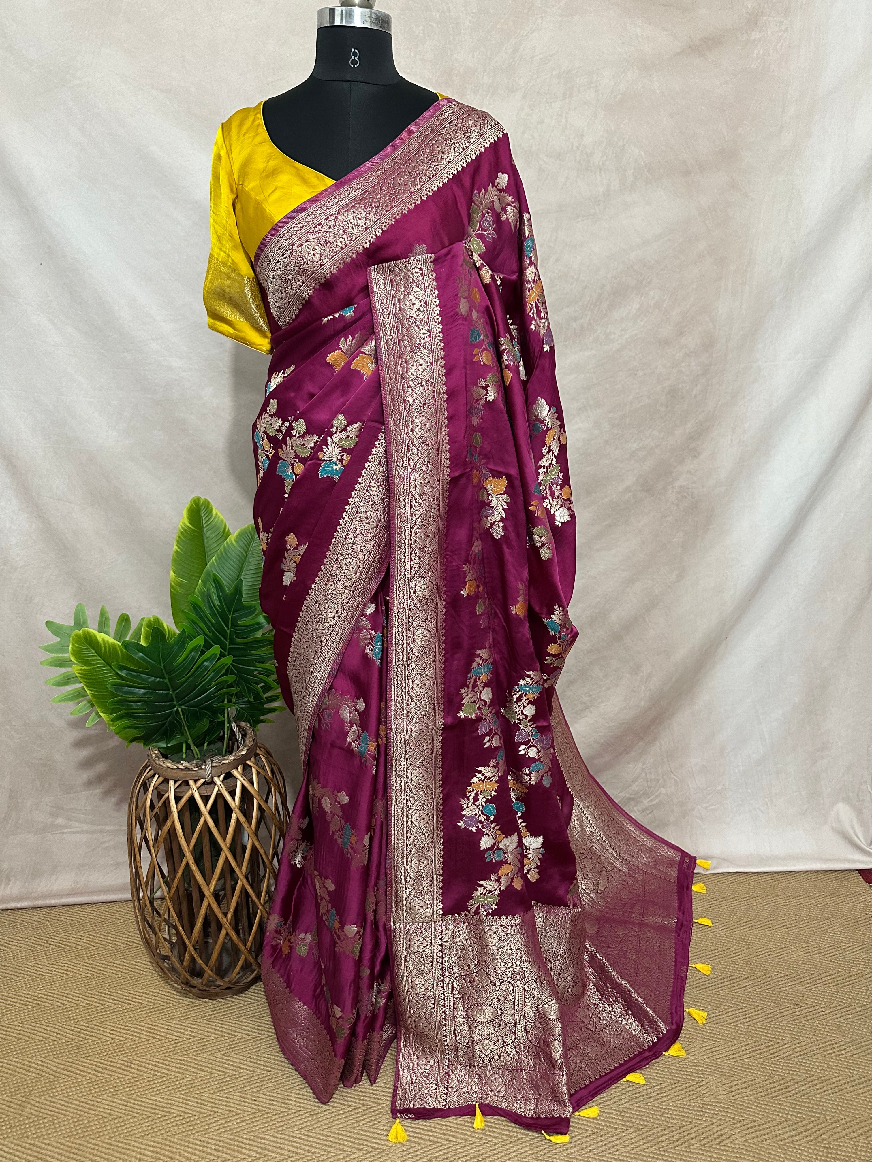Semi crepe georgette saree with meenakari waeve and contrast bllouse