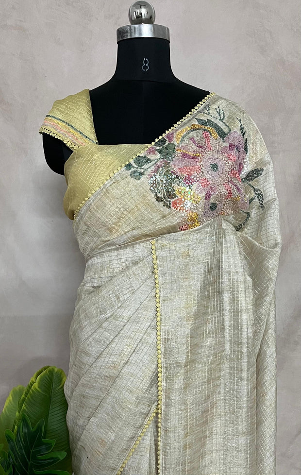 Light yellow Sequins designer saree, with BP