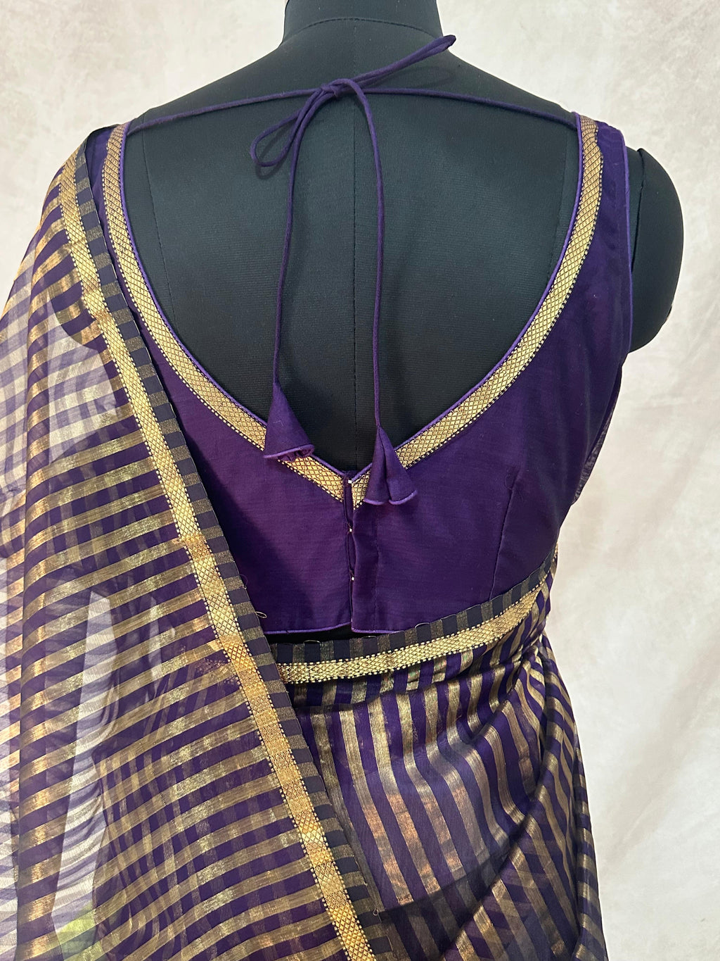 Maheshwari tissue silk saree with stripe and stitched blouse