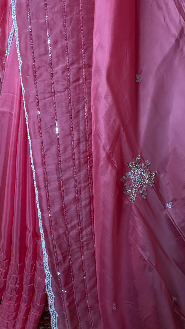 Watermenlon pink georgette organza saree with sequins work, with BP