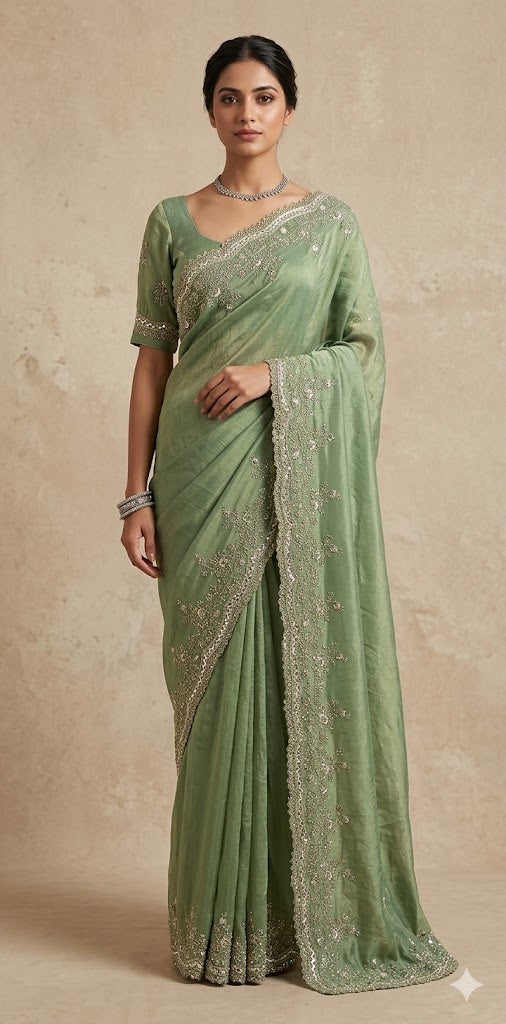 Green tissue designer saree with stitched blouse and under skirt