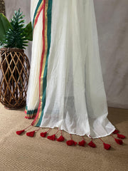 Mulcotton saree with green, red, and gold border (no Pico and fall)