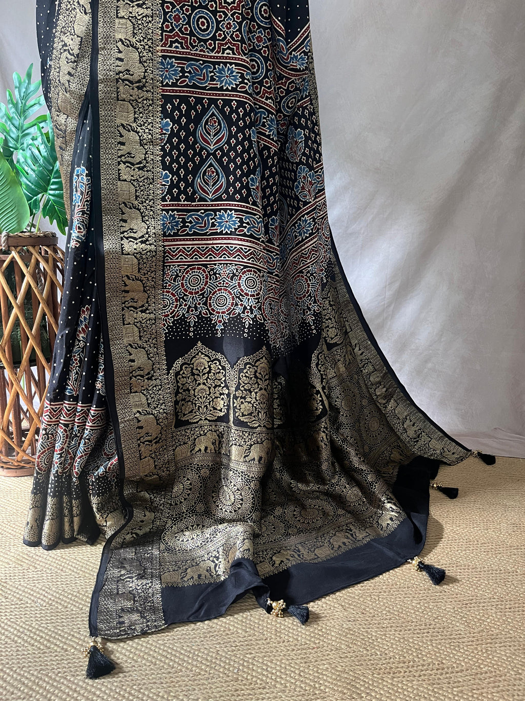 Ajrakh hand block printed premium dola silk saree with stitched blouse
