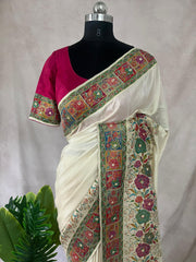 Cream munga silk saree with floral weaved border and bead work, comes with stitched blouse