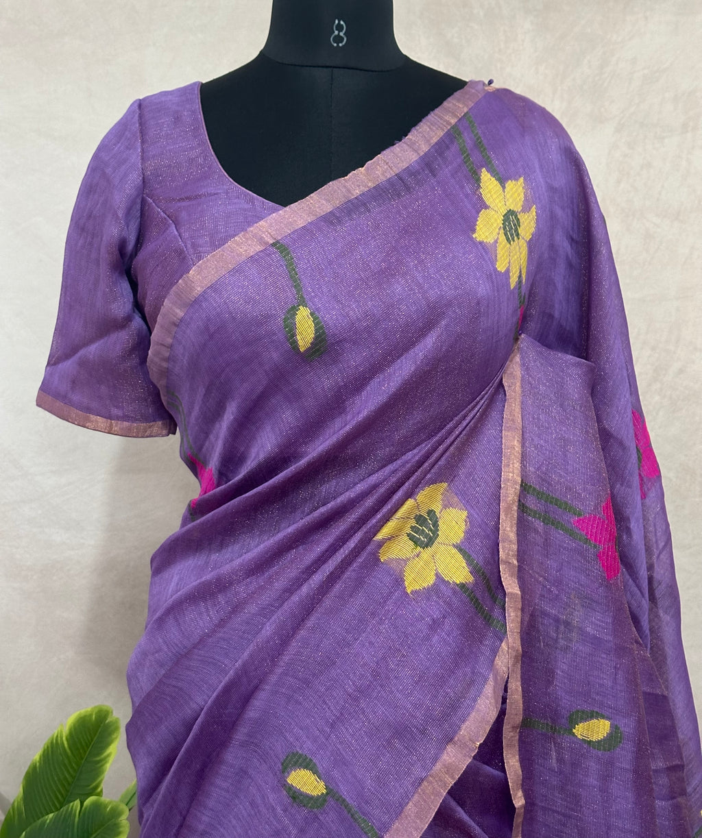 Pure silk linen saree with jamdani weave and stitched blouse