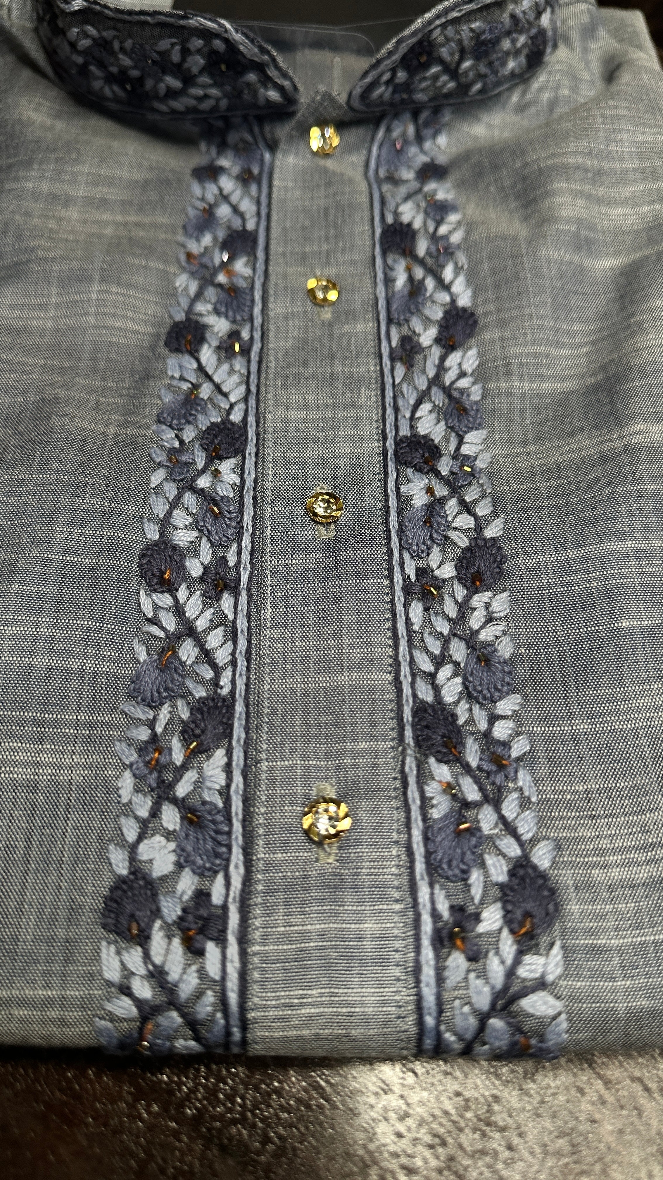 Denim blue cotton silk with hand  embroidery - 40