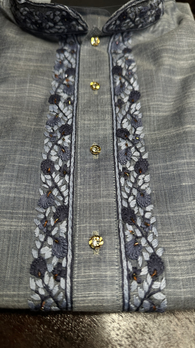Denim blue cotton silk with hand emroidery - 42
