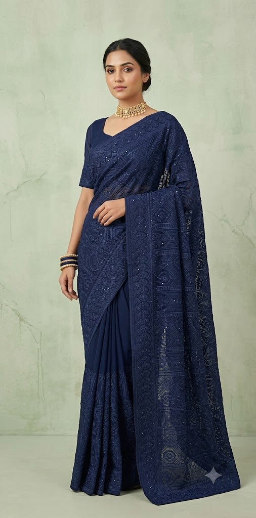 Organza chikankari saree with stitched blouse