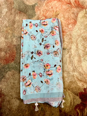 Desinger printed Pastel blue semi crepe silk saree with BP