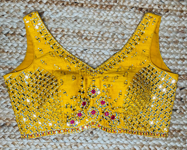 Yellow designer blouse with mirror work