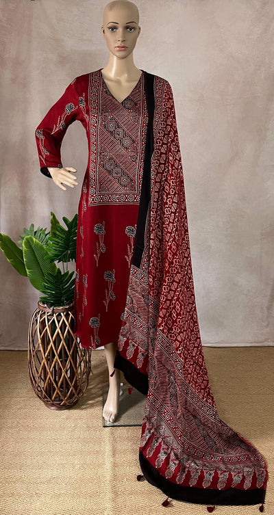 Modal silk kurti with Ajrakh hand block print