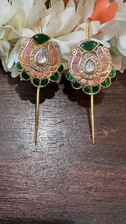 Green and Peach color kundan stone ear pin/cuff