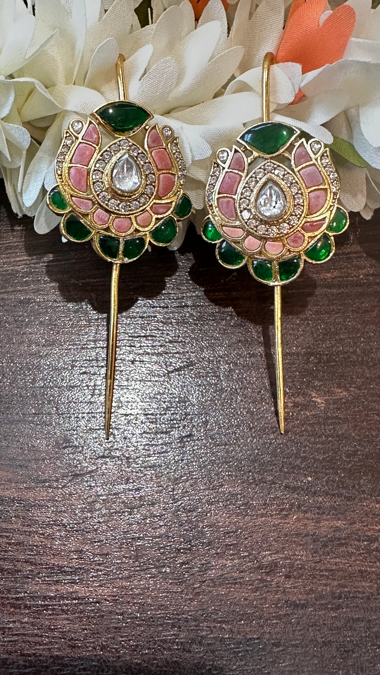 Green and Peach color kundan stone ear pin/cuff