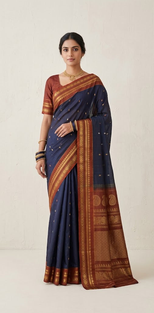 Handloom pure silk cotton peacock blue gadwal silk saree with stitched blouse