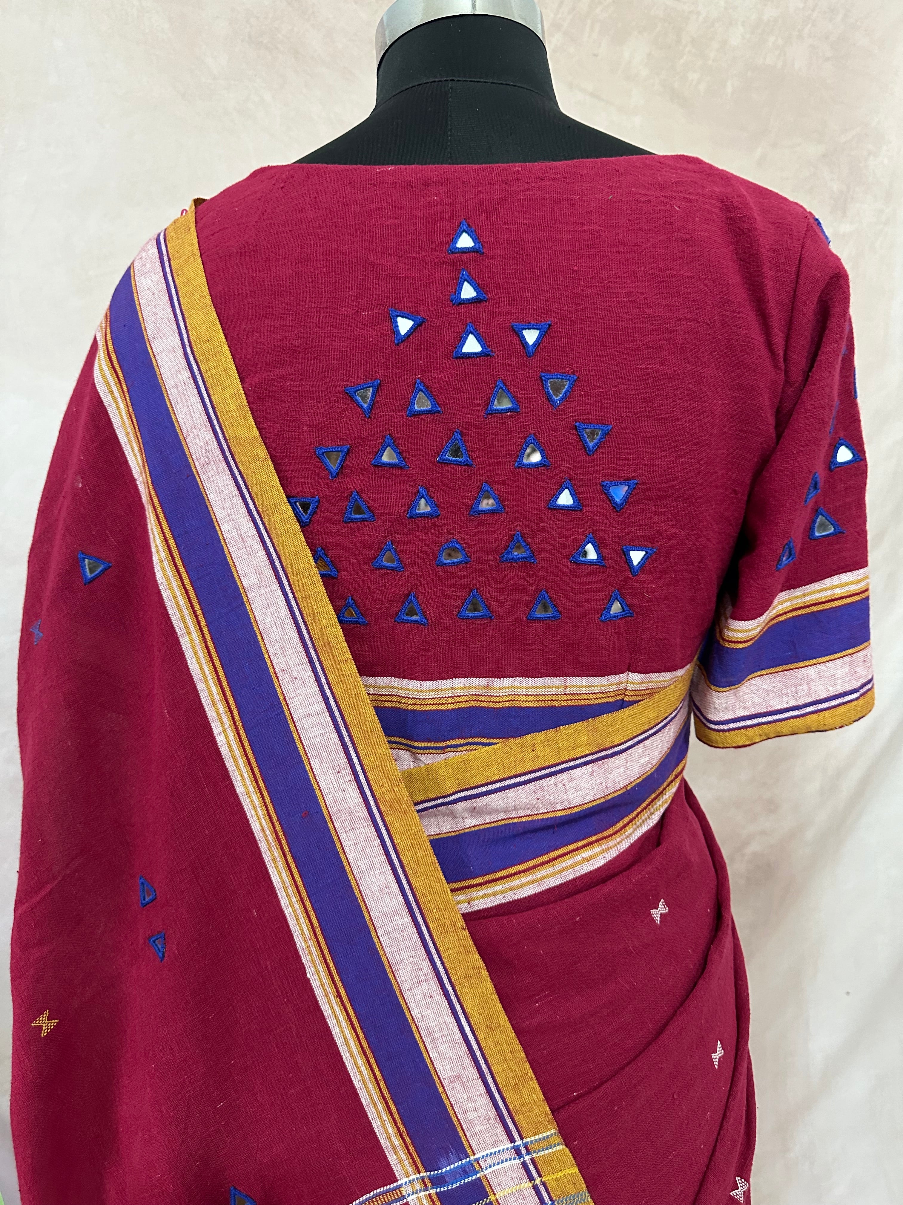 Organic Kala cotton handloom saree with mirror work , stitched blouse