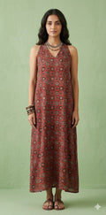 Red ajrakh hand block printed modal silk sleeveless dress