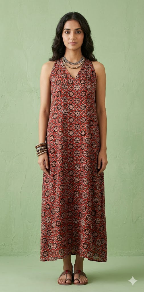 Red ajrakh hand block printed modal silk sleeveless dress