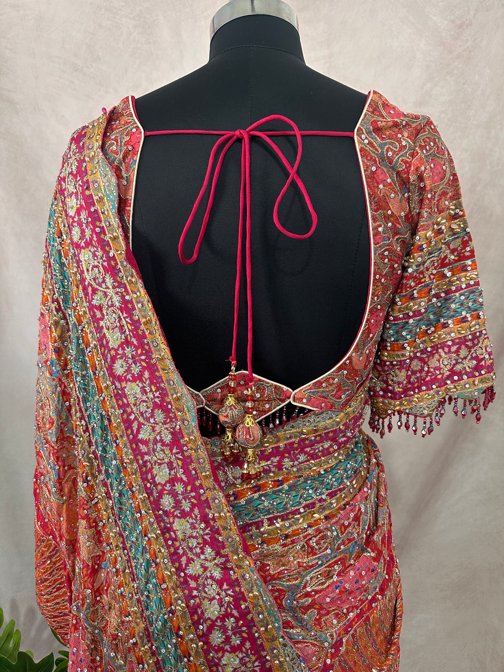Pink Printed Crepe Designer Saree with Embroidered Readymade Blouse