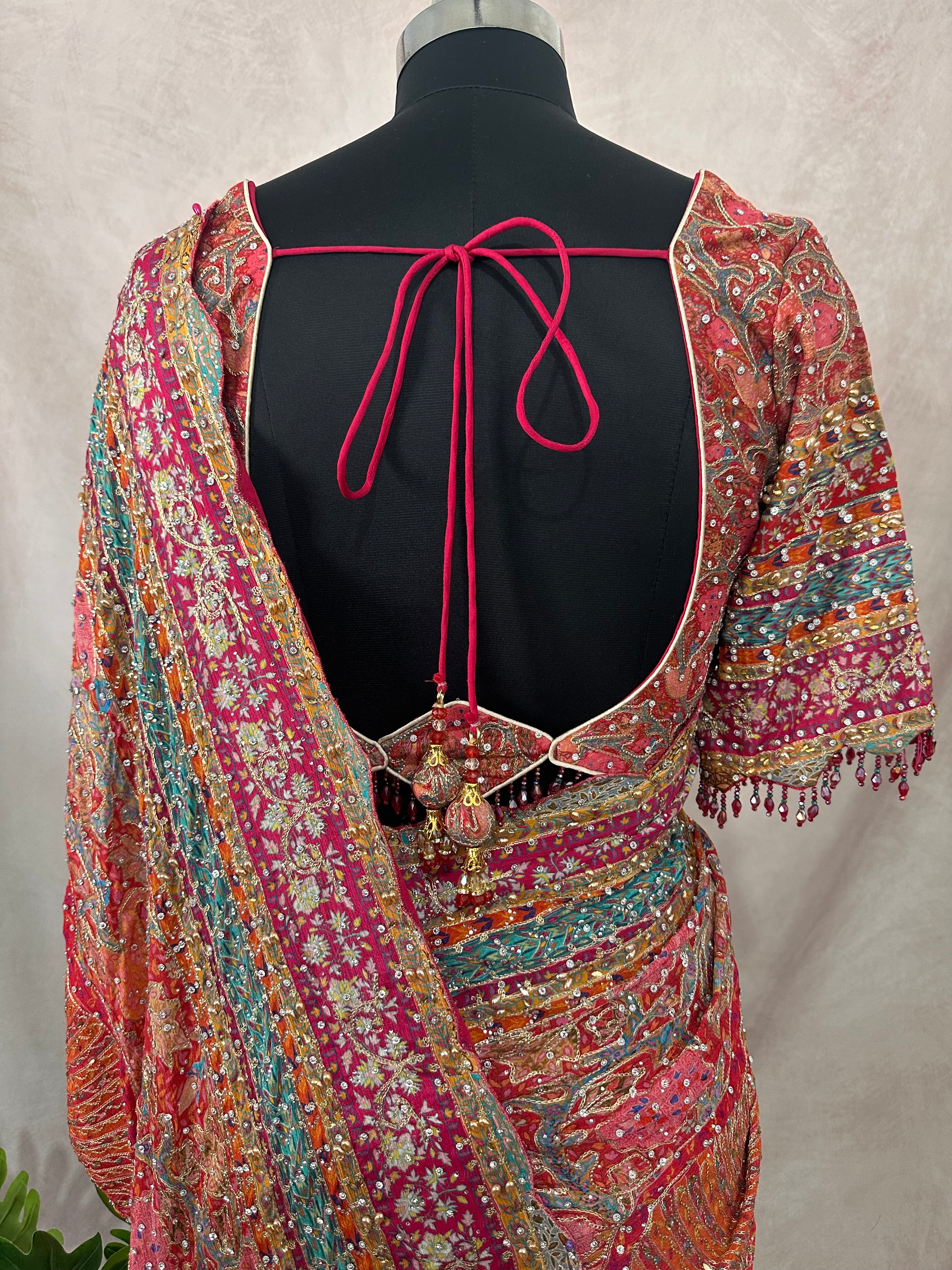 Pink Printed Crepe Designer Saree with Embroidered Readymade Blouse