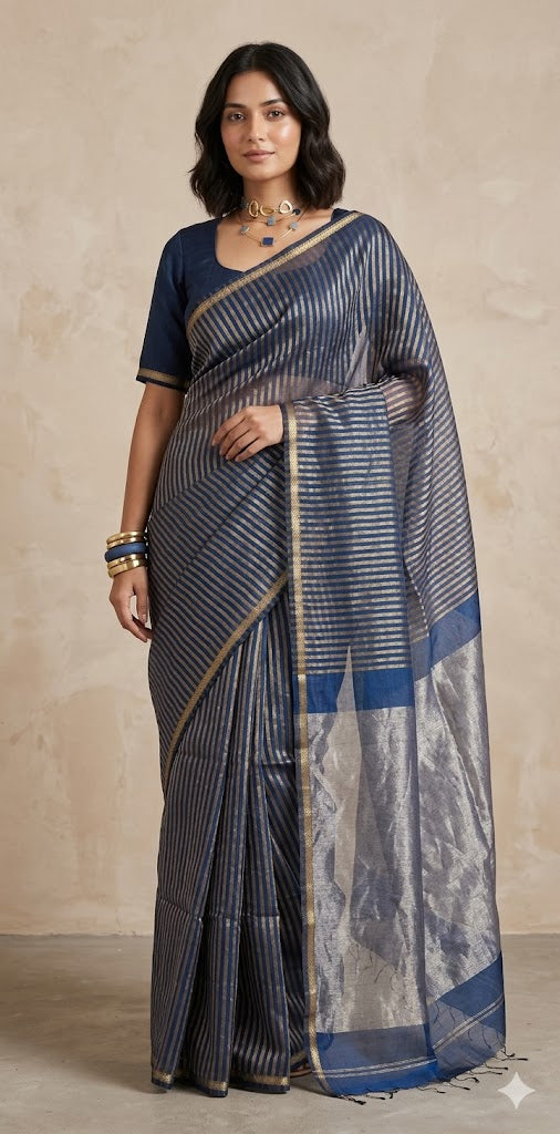 Maheshwari tissue silk saree with stripe and stitched blouse