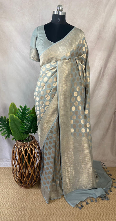 Grey Pure tussar silk saree eith stitched blouse