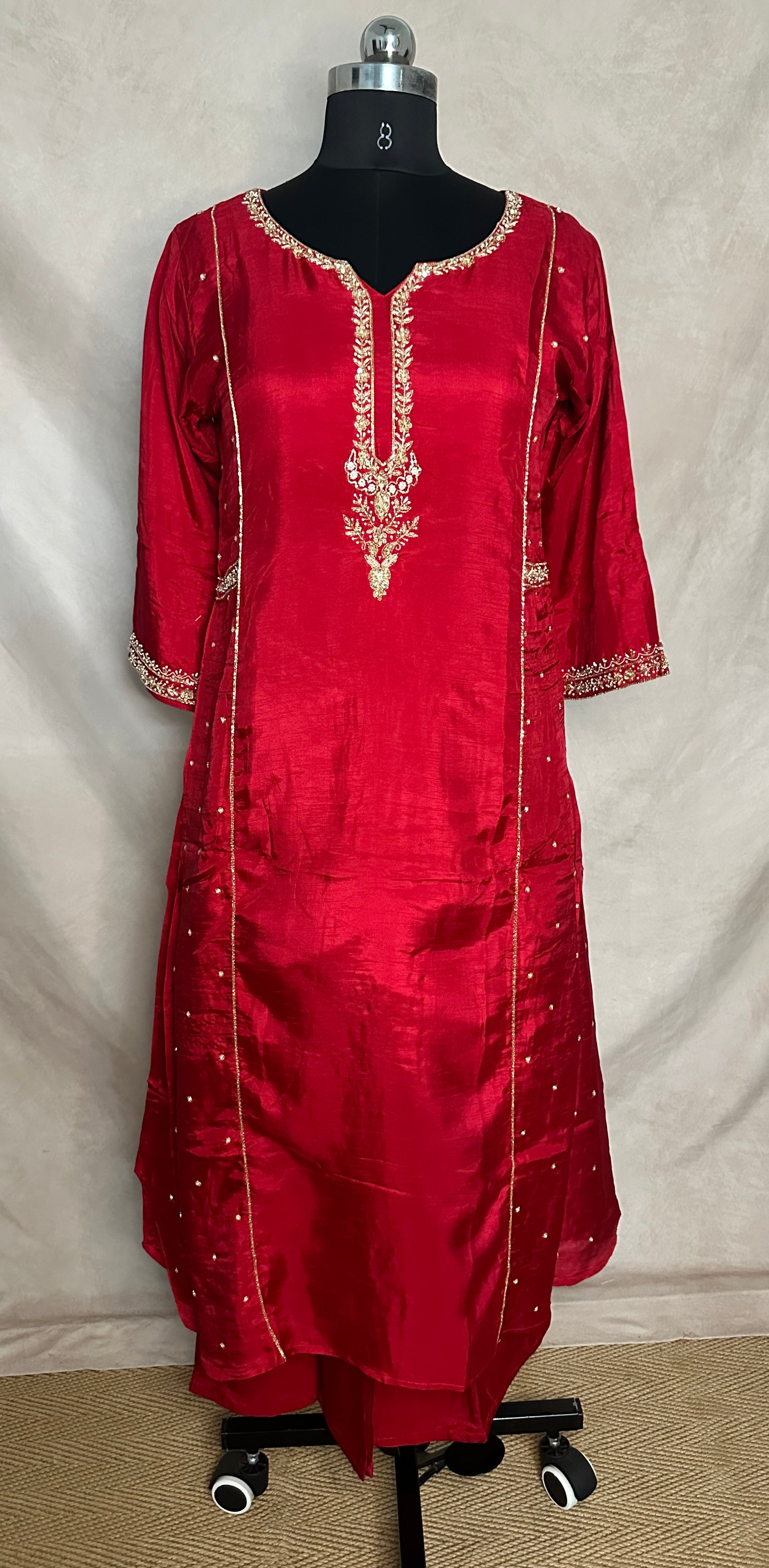 Red color cotton silk kurti with handwork, with bottom and dupatta