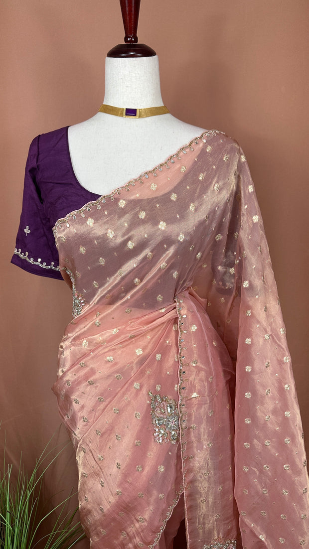 Peach Tissue silk saree with hand emroidery and contract blouse
