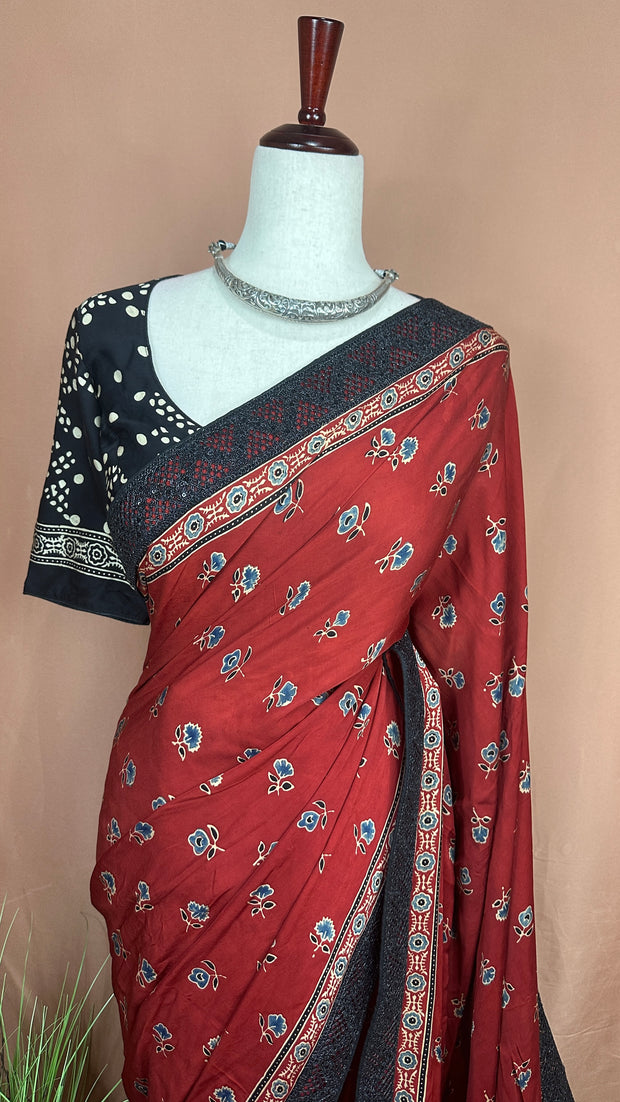Red ajrakh hand blocked printed designer modal silk saree with stitched blouse