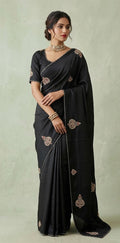 Dark grey pure tussar silk saree with hand work and stitched blouse