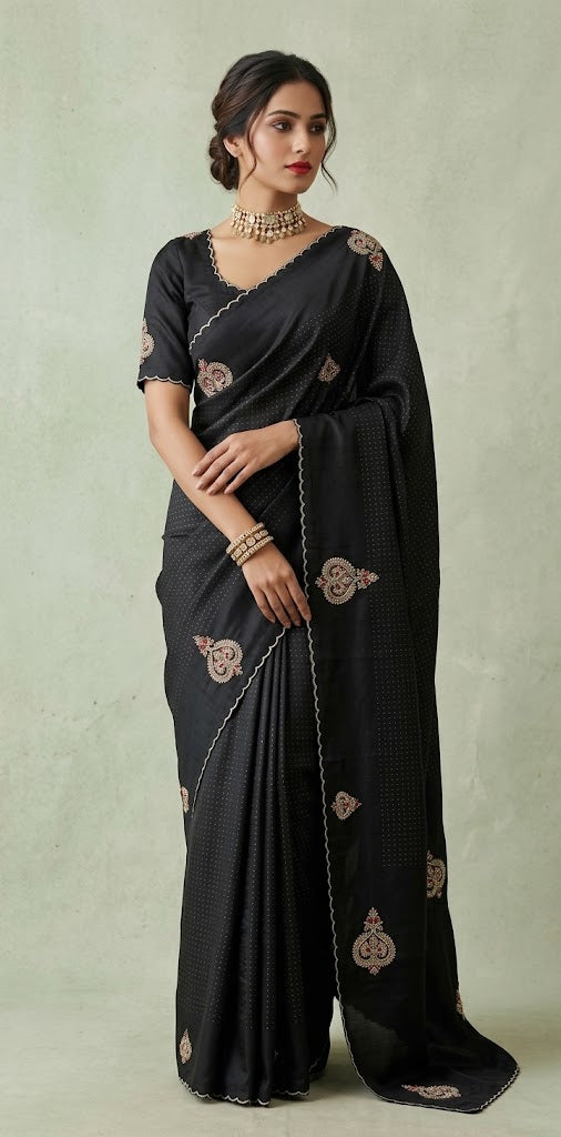 Dark grey pure tussar silk saree with hand work and stitched blouse