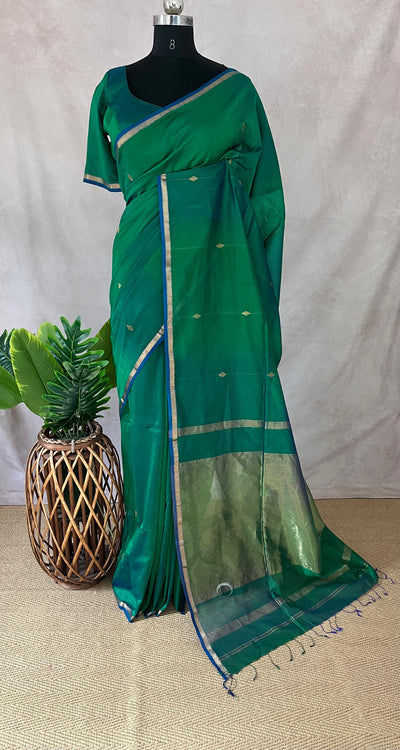 Green double shaded Maheswari silk cotton saree with stitched blouse