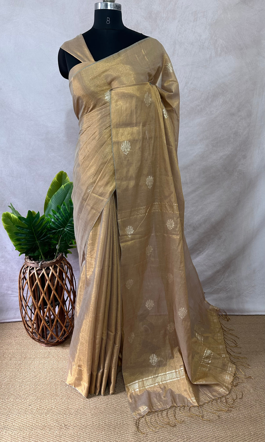 Handloom Gold cotton tissue saree with lotus jamdani weave ,