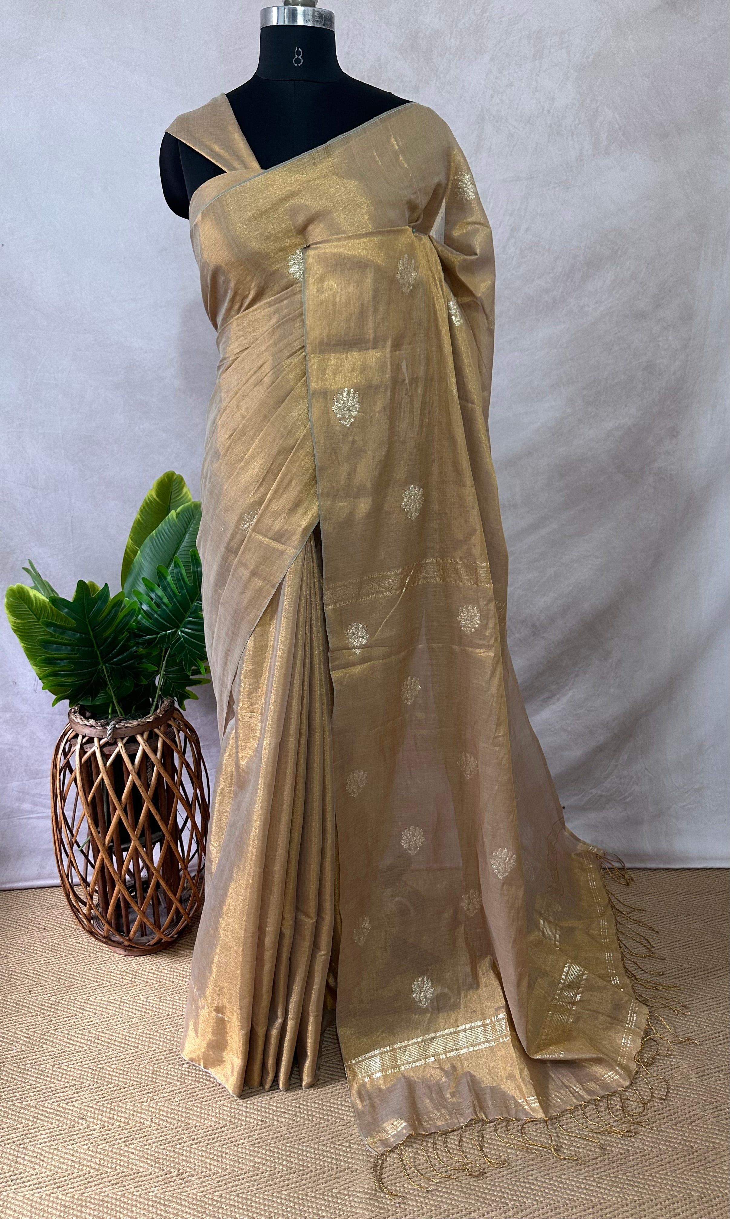 Handloom Gold cotton tissue saree with lotus jamdani weave ,