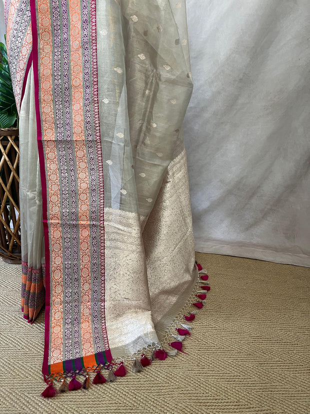 Cora tissue silk saree with multi color banarsi Border, with stitched blouse