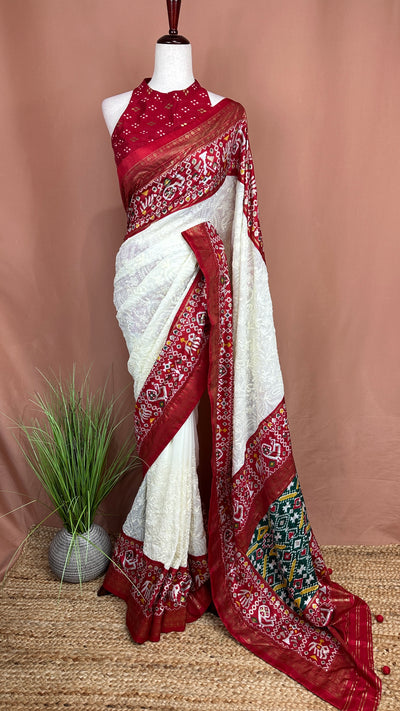 Georgette chikankari saree with printed pattola border, Stitched blouse