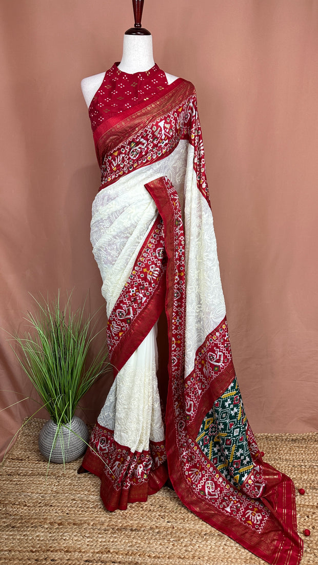 Georgette chikankari saree with printed pattola border, Stitched blouse