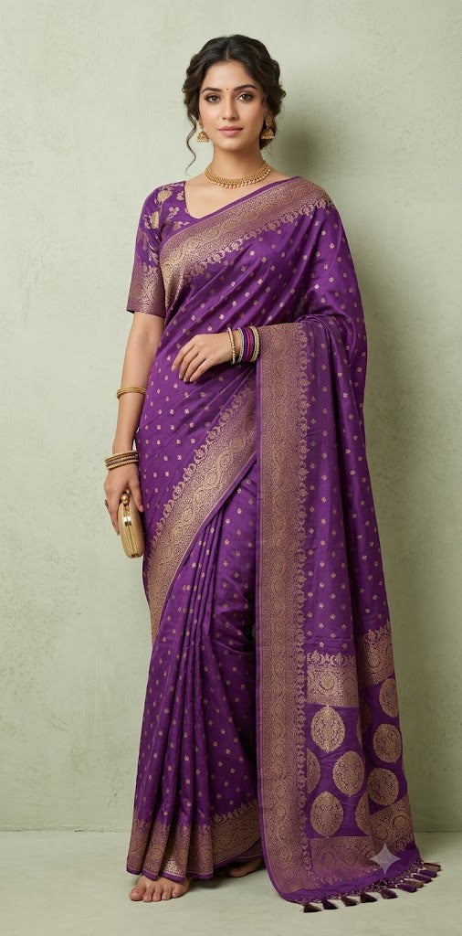 Purple Pure Khaddi Crepe Banarasi Handloom Saree, with stitched blouse