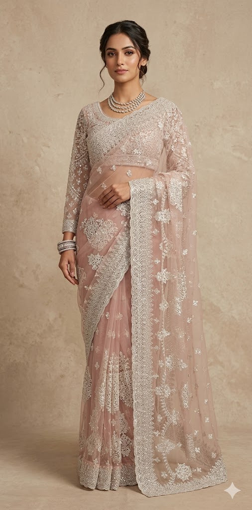 Heavy Embroidered Net Saree with stitched blouse and under skirt