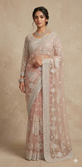 Heavy Embroidered Net Saree with stitched blouse and under skirt