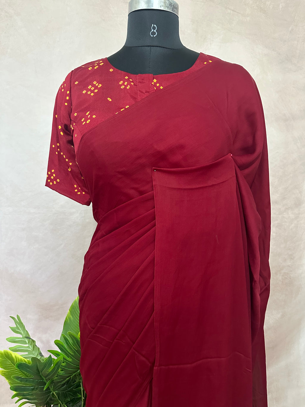 Crepe silk saree with bandini and kutch embroidery blouse