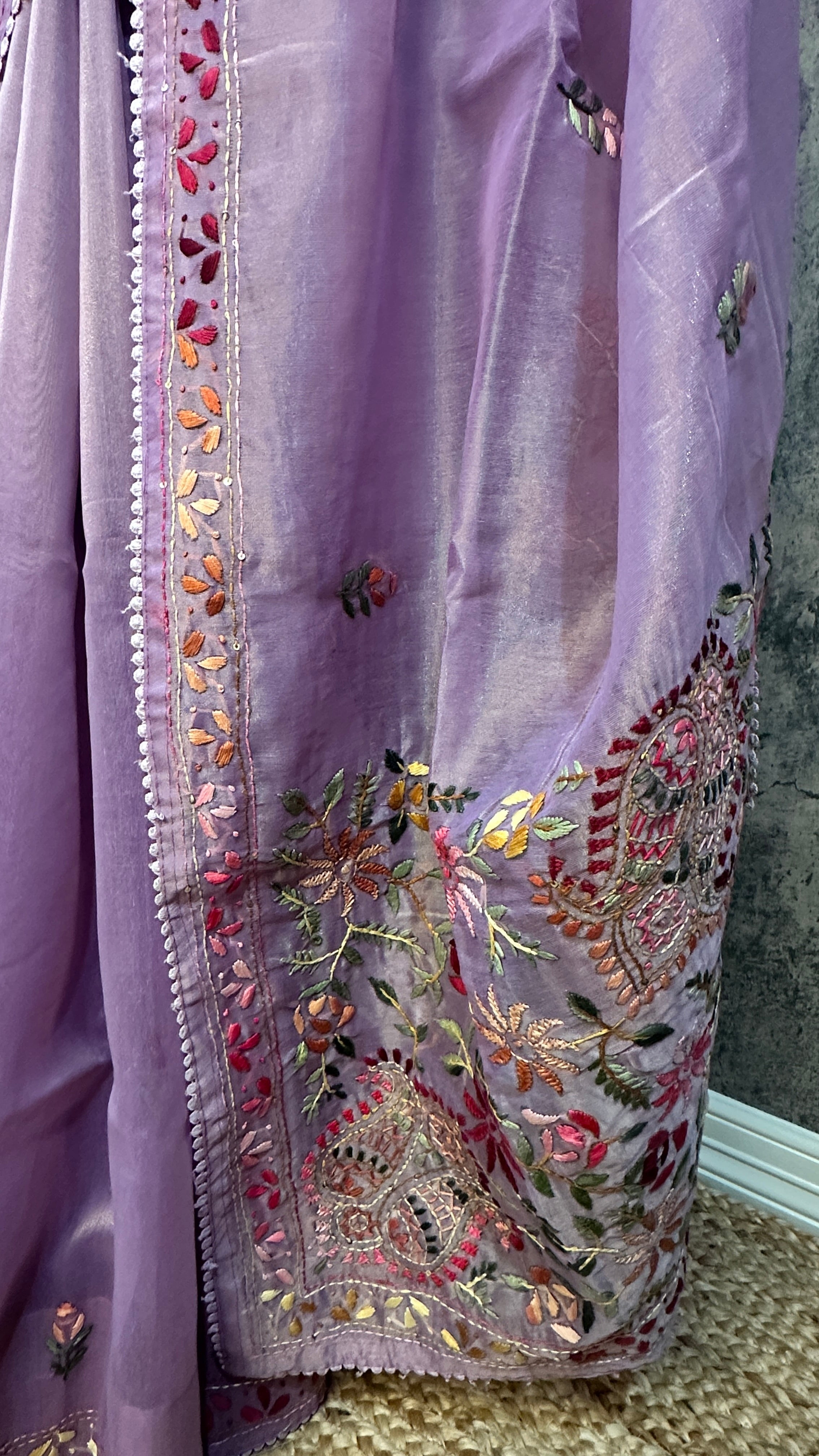 Tissue cotton saree with handwork and stitched blouse