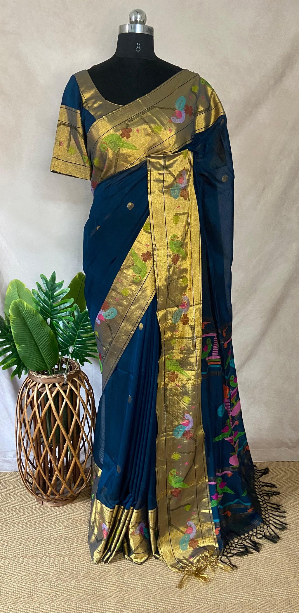 Peacock blue cottan paitani saree with stitched blouse