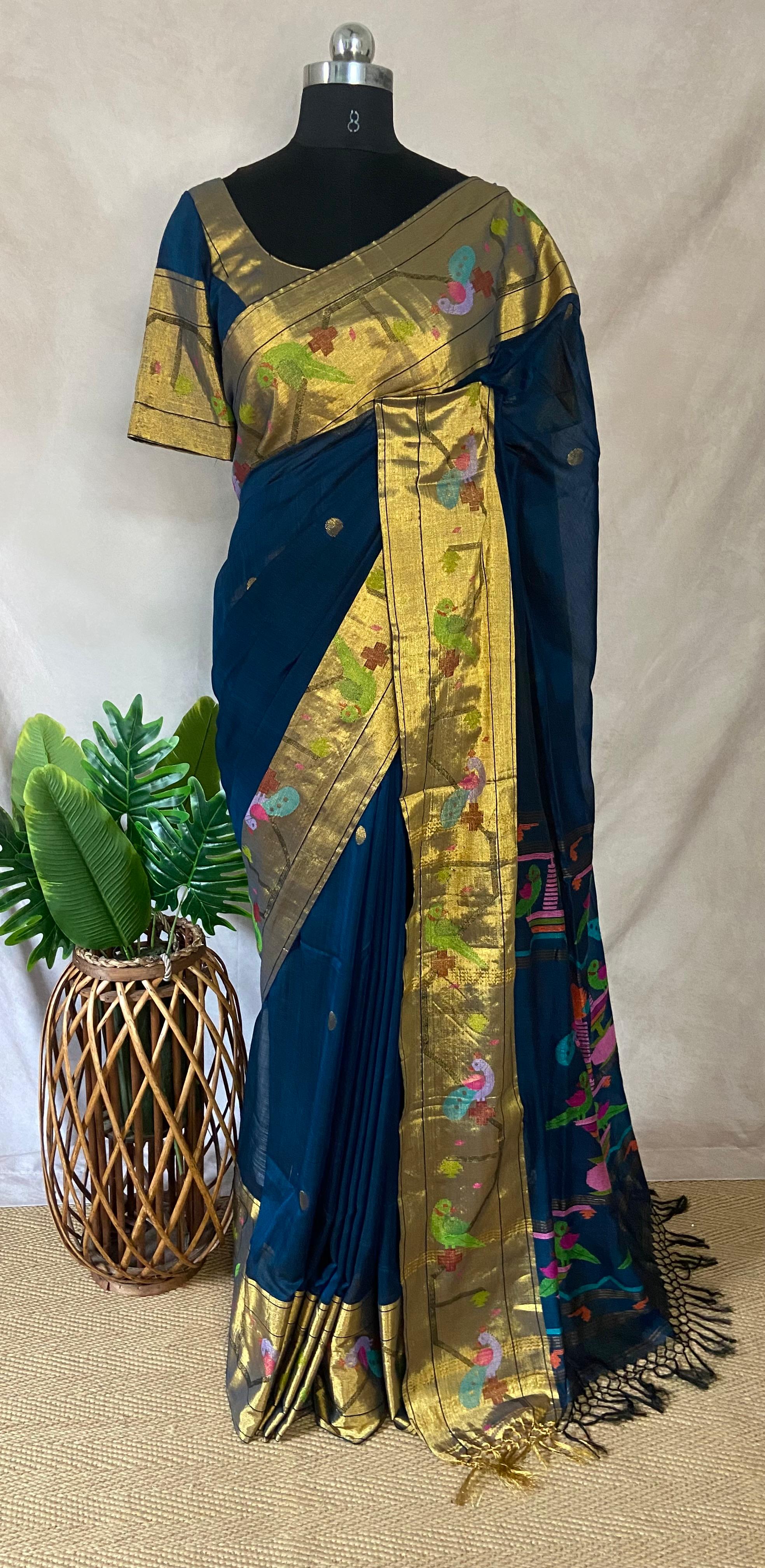 Peacock blue cottan paitani saree with stitched blouse