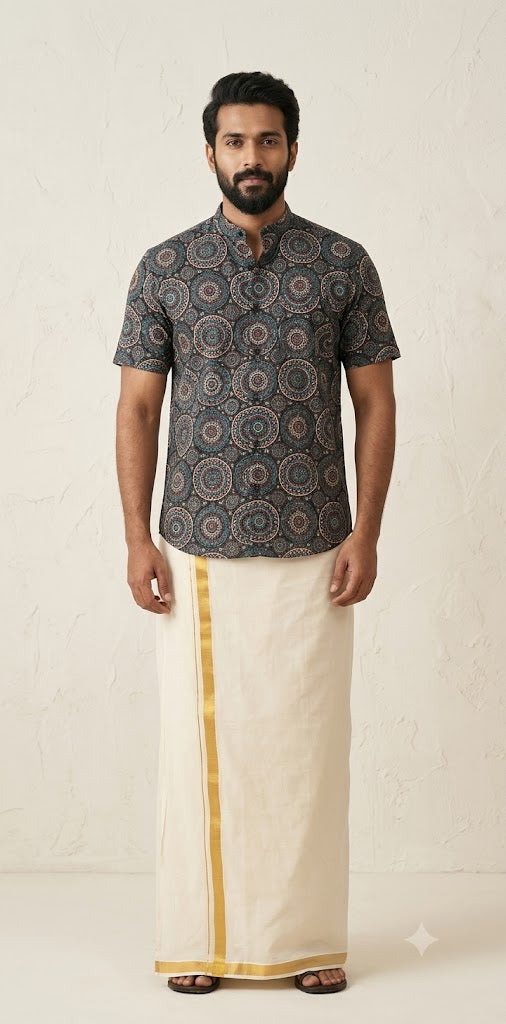 Ajrakh handblock printed Mandarin colar shirts in pure modal silk