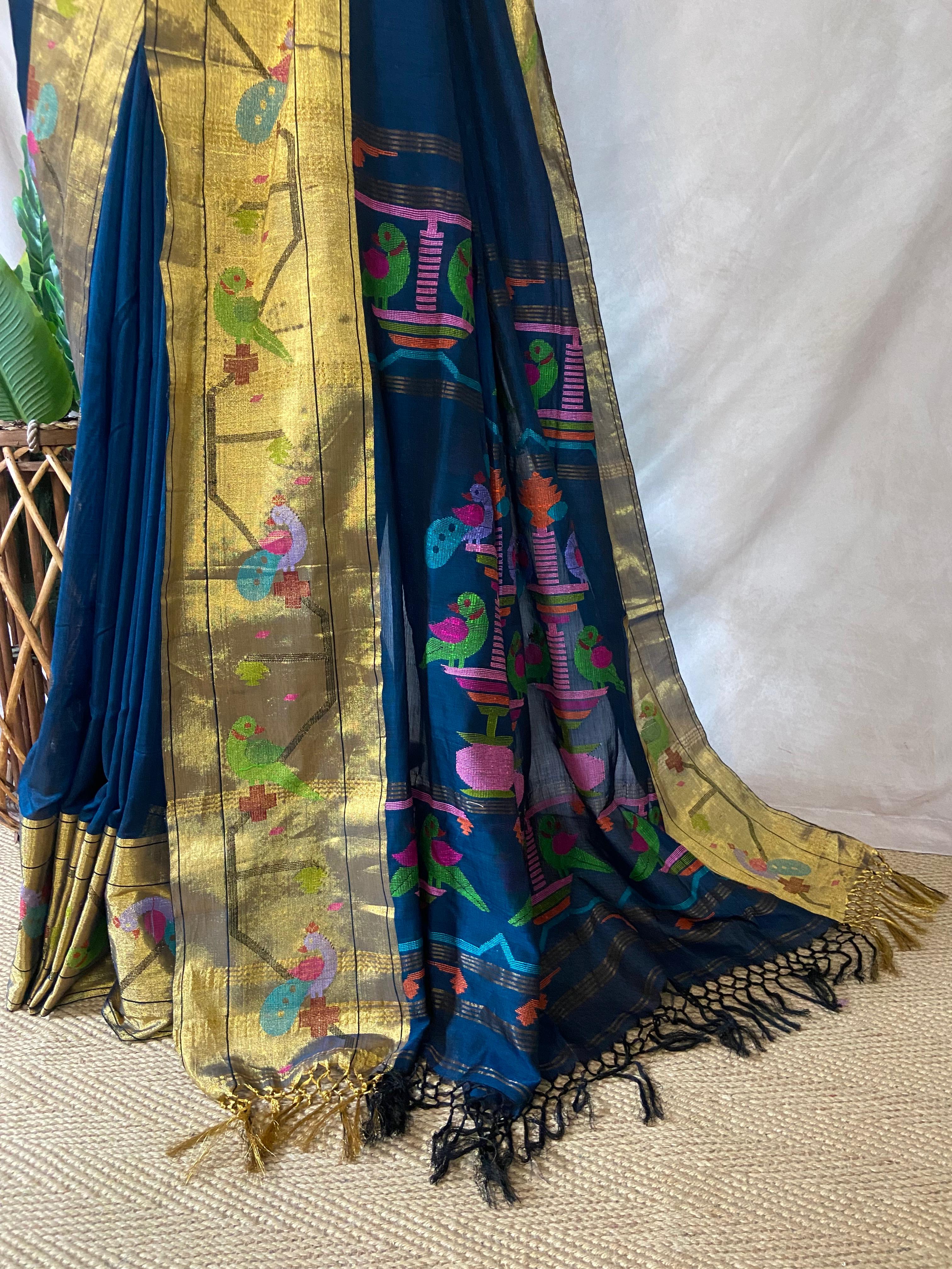 Peacock blue cottan paitani saree with stitched blouse
