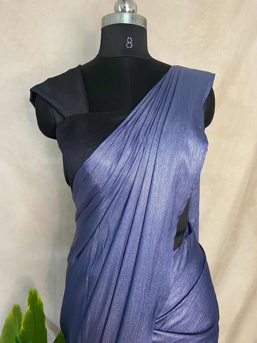 Ready made pre pleated English blue crushed tissue crepe saree