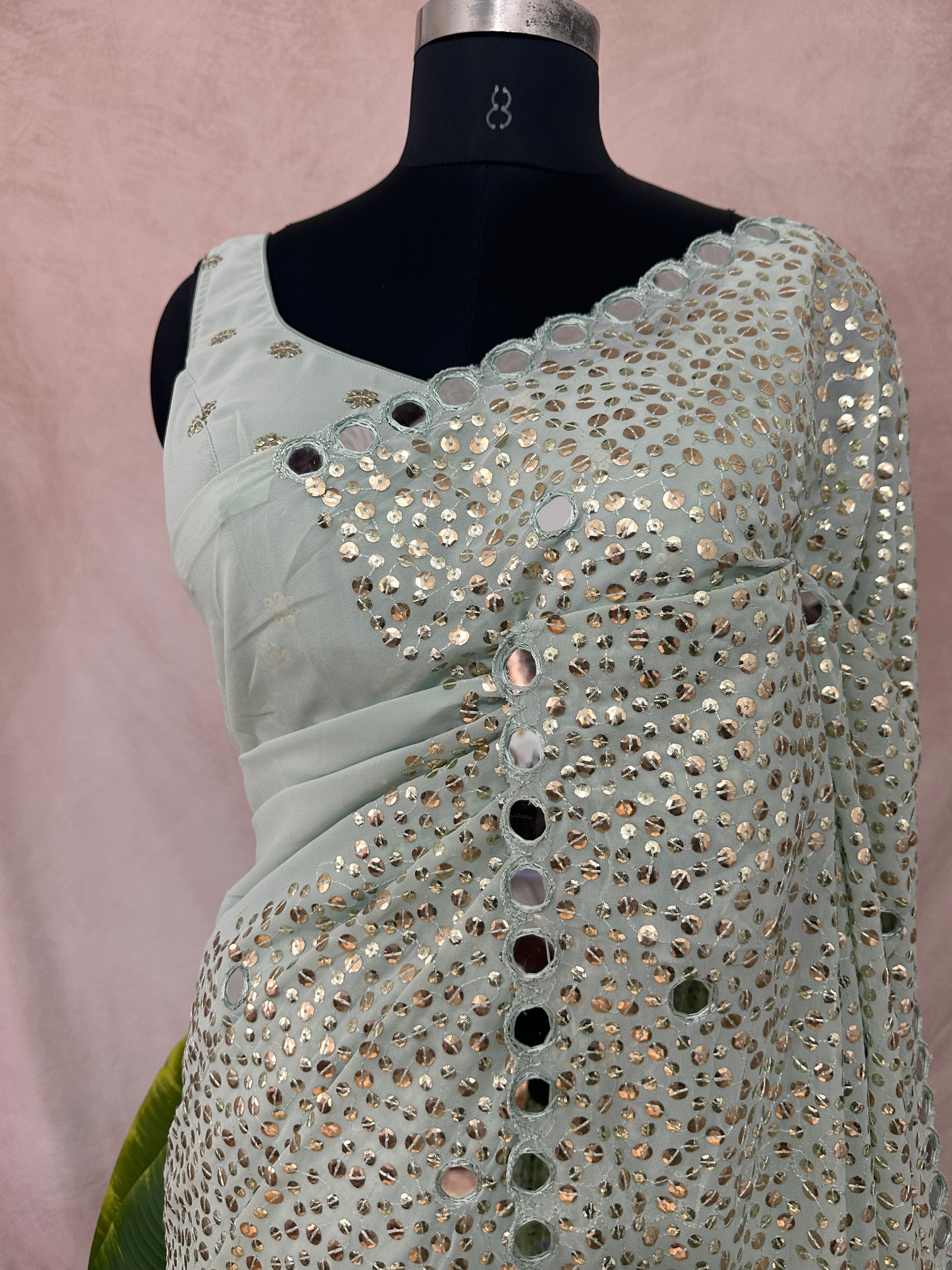 Designer saree with sequins and mirror, stitched blouse and under skirt