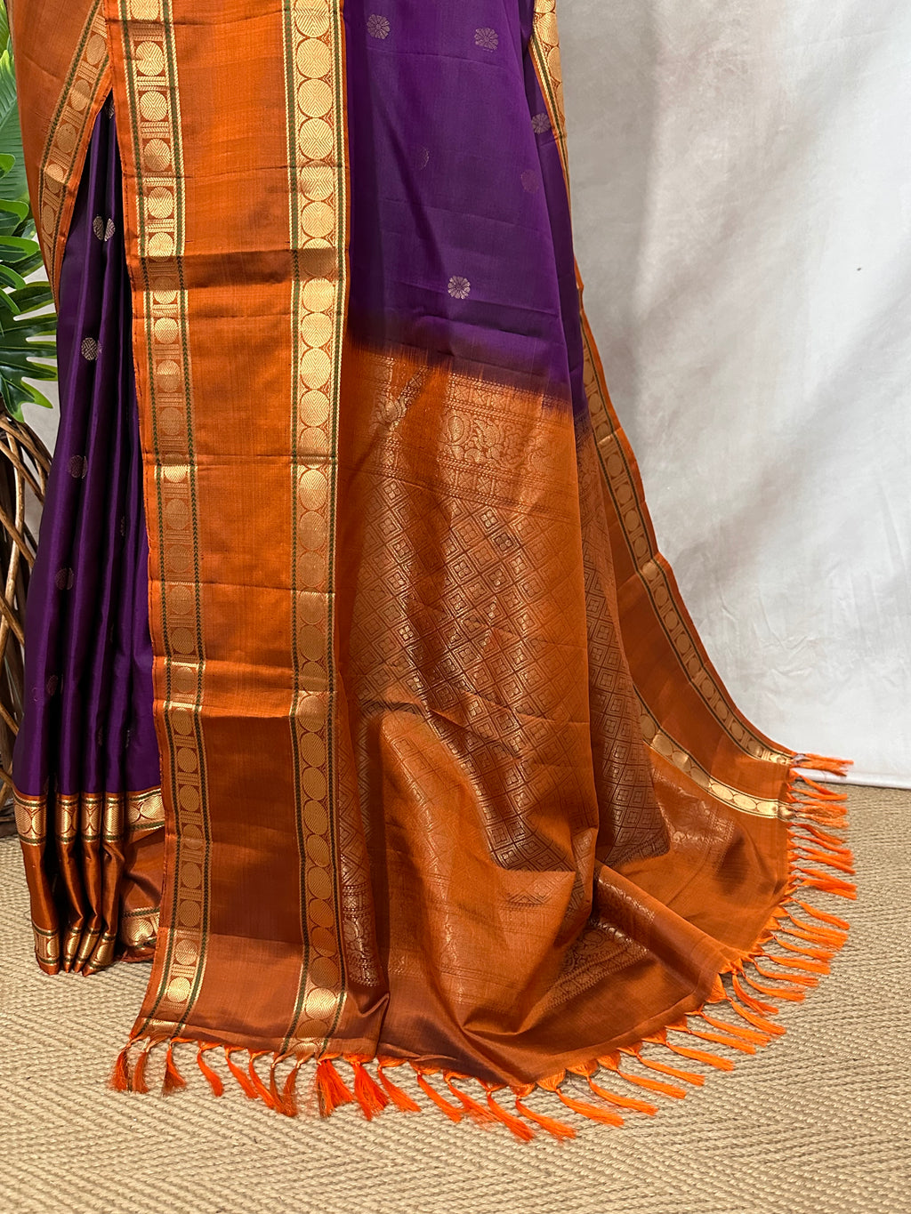 Purple and orange pure Kanchivaram soft silk saree with stitched blouse