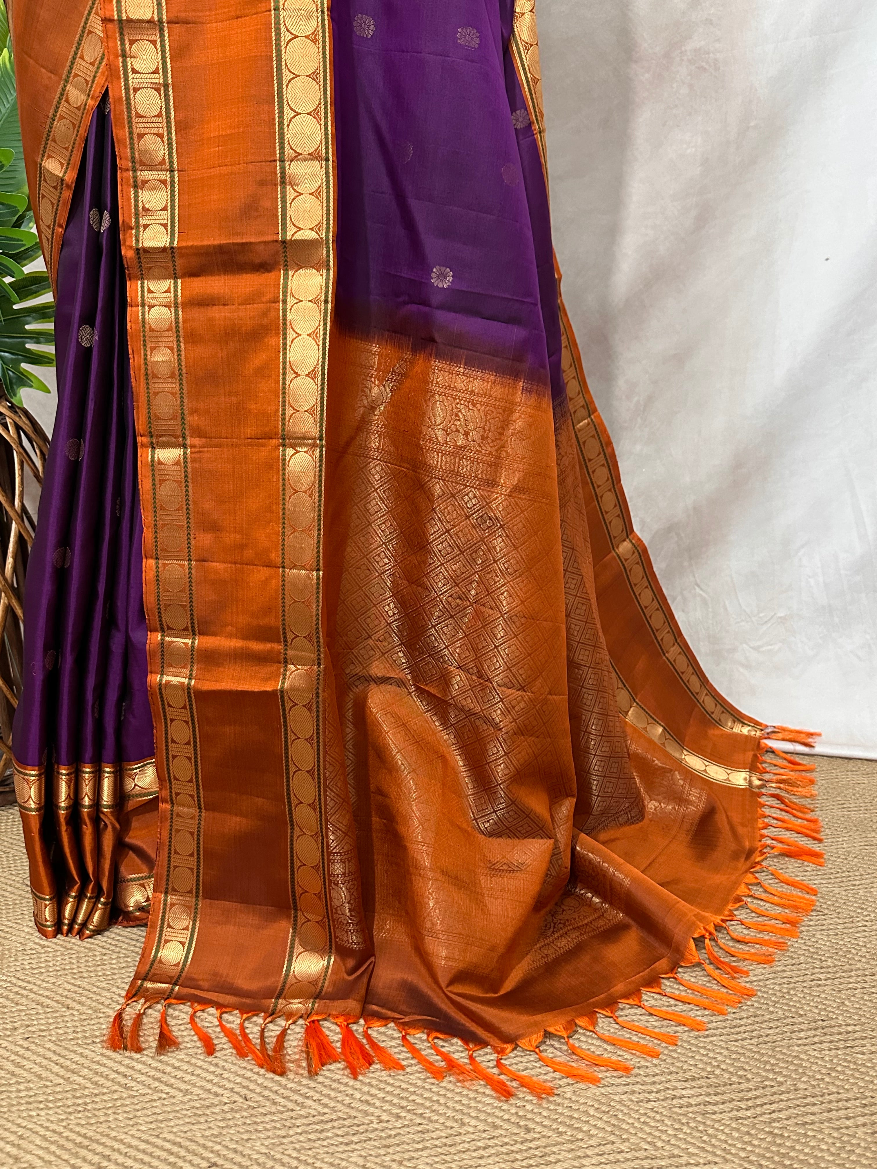 Purple and orange pure Kanchivaram soft silk saree with stitched blouse